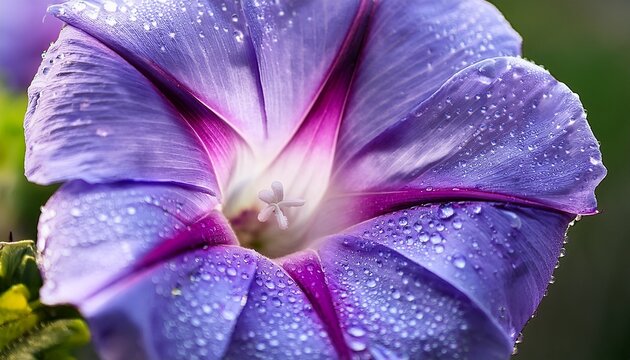 stunning close up of lavender morning glory flower with dew drops on petals in soft natural light