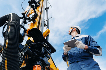 Industry operator use computer tablet for control drilling rig offshore. Technology in industrial...