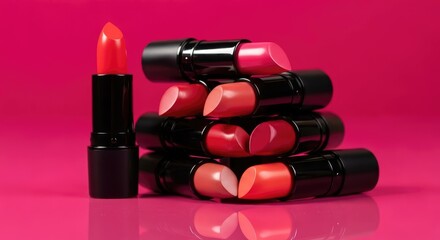 Lipstick display with reflection: a captivating array of lipsticks, each a vibrant hue, meticulously arranged to showcase a spectrum of colors. The vivid pigments reflect a world of beauty.
