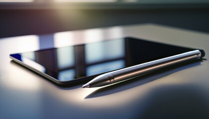 a stylus pen resting beside a digital tablet soft shadows professional camera focus neutral backdrop
