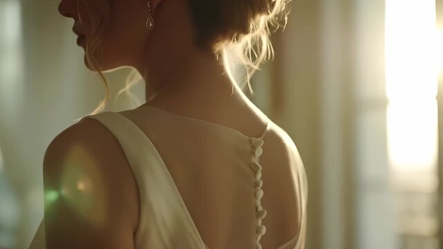 a woman in a beautiful dress, showcasing delicate buttons at the back. The woman stands gracefully, illuminated by soft light filtering through a window.