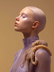 Albino androgynous model with octopus wrapped around shoulder