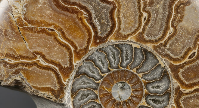 Close up of a fossilized ammonite shell with intricate patterns and mineral deposits on a gray surface