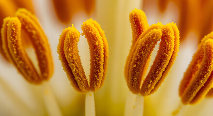 A close up of the stamens of a flower with pollen visible in a macro shot of a flower center