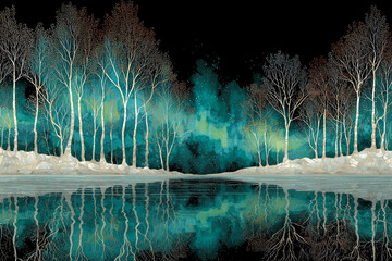 Malarski, nocny pejzaż zimowy przedstawiający brzezinę nad wodą, oświetloną intensywnym, turkusowym światłem zorzy.