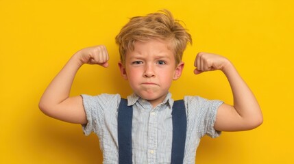 A young boy flexes his arms with a confident expression against a vibrant yellow backdrop. His outfit includes a striped shirt and suspenders, highlighting his playful charm.