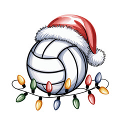 A volleyball is adorned with a Santa hat and surrounded by colorful Christmas lights.