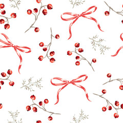 Christmas seamless pattern, red berries, twigs, bows, white background. Vector illustration. Nature design. Season greeting. Winter holidays