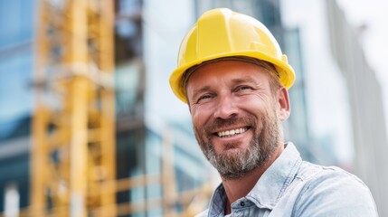 A male construction worker stands confidently at a building site, wearing a yellow hard hat and smiling. The sunny atmosphere complements his cheerful demeanor while he supervises the project.