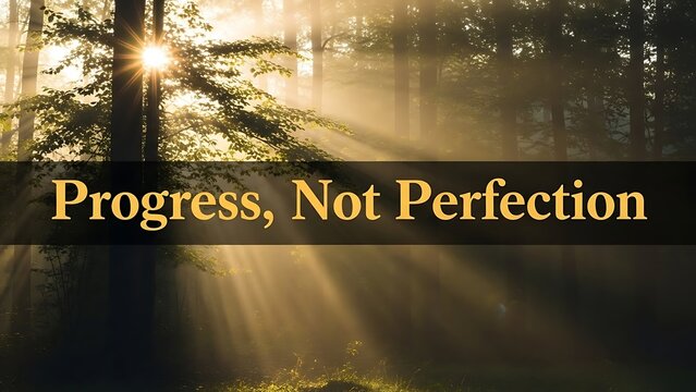 Sun rays shining through trees in a misty forest with a motivational message overlayed - Powered by Adobe