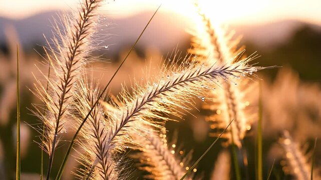 Golden Hour Glow on Foxtail Grass in a Serene Meadow Landscape.