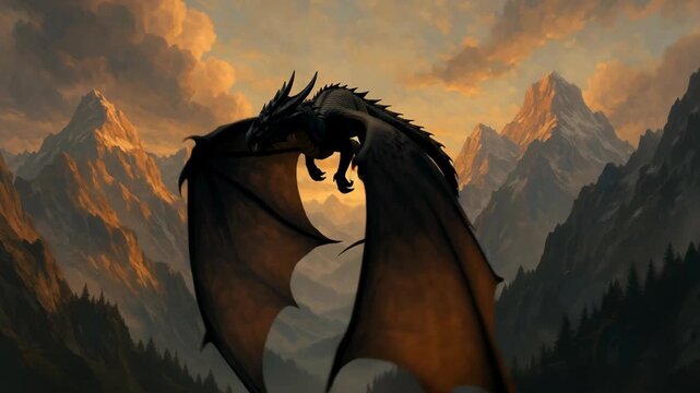 Epic fantasy scene of a dragon soaring over mountains at sunset, captured from a low-angle view, ideal for a dramatic video backdrop. Live desktop wallpaper.