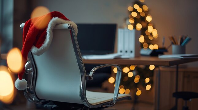 Santa hat draped over a modern office chair with Christmas tree bokeh lights in the background, festive workplace scene capturing holiday spirit in a cozy corporate environment