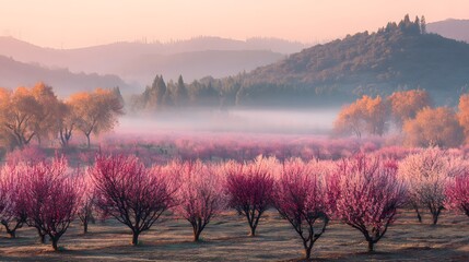 Obraz premium Field of pink trees with a foggy sky in the background. The trees are in full bloom and the sky is a soft pink color