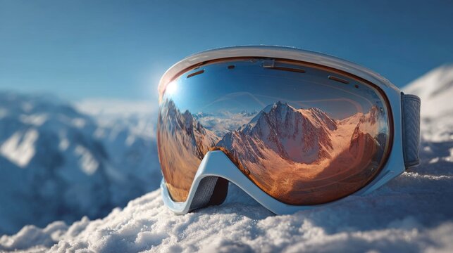 Ski goggles sit on a snow-covered surface, capturing a stunning reflection of jagged mountain peaks. The clear blue sky enhances the bright winter landscape.