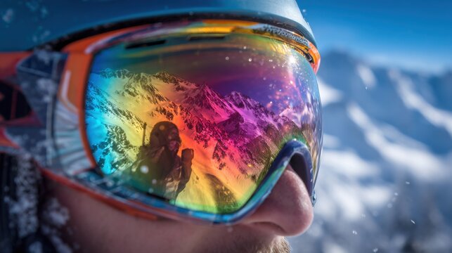 A skier stands on a breathtaking mountain slope, with stunning colorful reflections of the alpine landscape visible in their goggles. The crisp winter air enhances the vibrant scene.