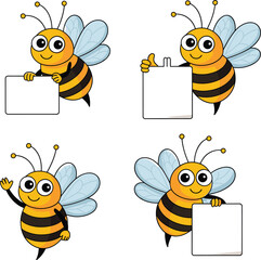 Cartoon bees holding blank signs in various poses with cheerful expressions for children’s content, nature themes, and playful vector illustration projects.