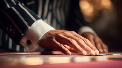 Man in a suit is playing a card game. Concept of sophistication and leisure, as the man is dressed in a suit and tie while playing a game. The setting suggests a relaxed atmosphere