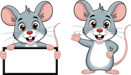 Cartoon mice characters with cheerful expressions holding sign and waving, perfect for children’s content, educational materials, and playful animal-themed vector designs.
