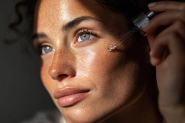 Young woman applying serum to her cheek while enjoying soft natural light in her home