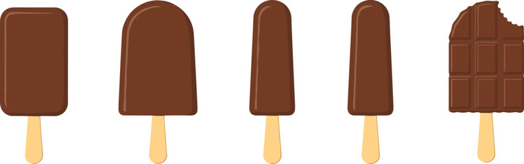 Set of chocolate-covered ice cream bars with varied shapes and bite detail for dessert, snack, and summer-themed vector illustration projects.