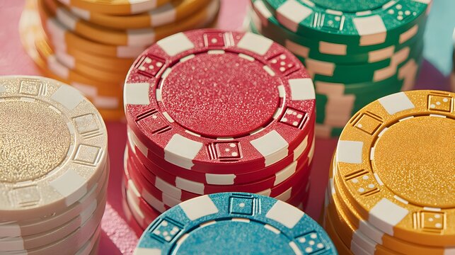 Pile of poker chips with different colors and designs. The chips are stacked on top of each other, creating a visually appealing and colorful display