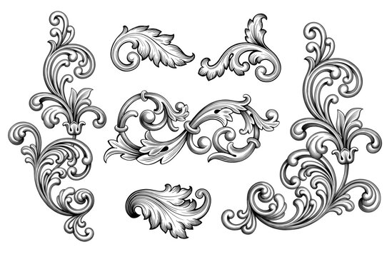 Vintage Baroque Victorian vector scroll border floral ornament  leaf engraved retro flower pattern decorative design element tattoo black and white filigree heraldic swirl