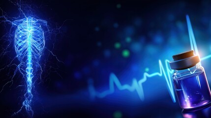 Abstract medical background with blue geometric shapes and digital elements, symbolizing innovation.