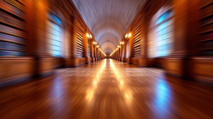 Blurred view of a library interior with warm lighting and wooden shelves, creating a cozy, academic atmosphere.