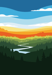 Colorful Vector Landscape with River and Forest