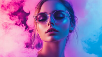 Fototapeta premium person with futuristic purple glasses on a neon purple technological background generative ai