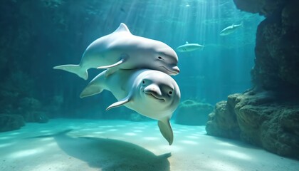 Two beluga whales swim together underwater in clear blue water near rocky formations. Sunlight streams from above illuminating the playful marine mammals. Other fish swim in background.