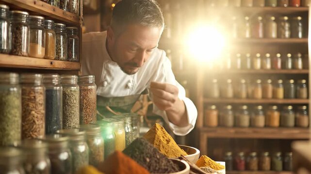 a man preparing spices in a kitchen filled with jars of ingredients. The man carefully adds spices while surrounded by vibrant colors and natural light.