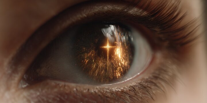 Close-up of a human eye reflecting a glowing cross amidst a backdrop of vibrant colors and light, symbolizing spirituality and inner vision in a captivating manner