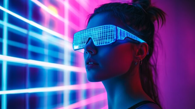 Photo of a person with futuristic blue glasses on a technological background in purple and neon blue generative ai