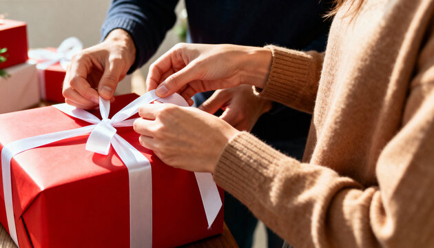 A couple's hands tying a white ribbon bow on a red wrapped gift. Man and woman preparing a present together for a holiday celebration