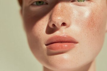 A high-resolution close-up of a face featuring freckles, glossy lips, and a soft focus background, emphasizing natural beauty and skin texture.