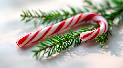 Close-up of a red and white candy cane resting on fresh green fir branches. Bright natural light creates a festive, cheerful holiday mood perfect for Christmas decoration and seasonal themes.