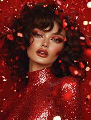 A striking portrait of a model with voluminous curly hair, adorned in a glittering red outfit, against a backdrop of red confetti.