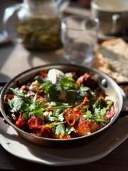Rustic Skillet Dish with Fresh Herbs and Sunlit Table Setting