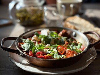 Rustic Skillet Dish with Fresh Herbs and Sunlit Table Setting