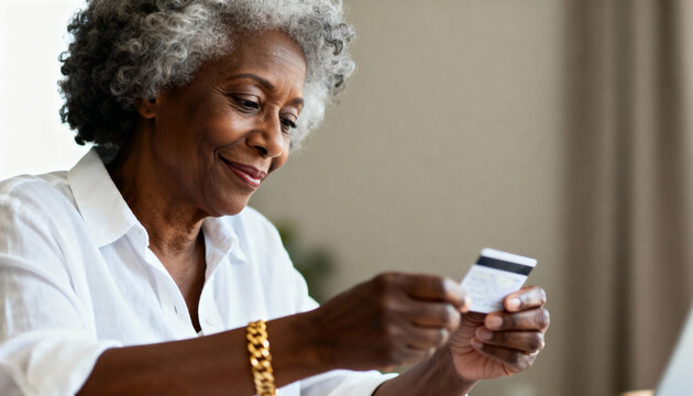 Smiling senior Black woman holding a credit card at home. Happy elderly African American lady ready for online shopping. Finance and retirement concept