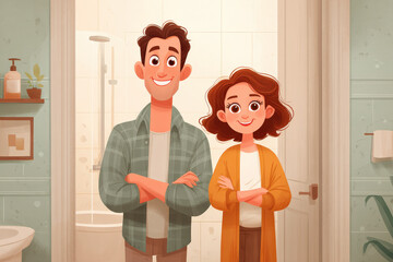 A cheerful, hand-drawn illustration of a smiling couple standing confidently in a cozy bathroom, showcasing a modern, inviting space.