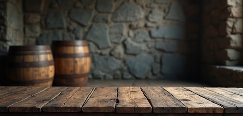 Image shows a wooden table with blurred background of wooden barrels. Stone wall adds a rustic vibe to the photo. It can be used for drinks or food advertising.