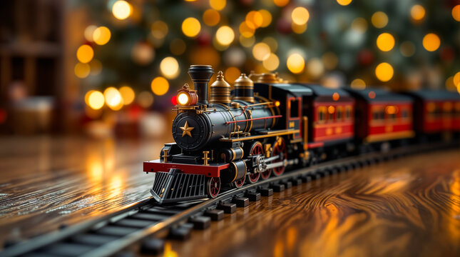 Modellzug f&auml;hrt unter festlichem Weihnachtsbaum mit Lichtern