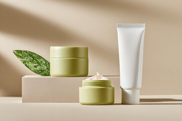 A modern, minimalist arrangement of green skincare containers and a leaf on a neutral background, showcasing a clean aesthetic.