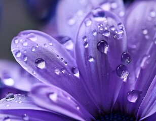 closeup macro shot of delicate purple flower petals with water droplets