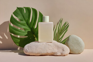 A sleek, minimalist perfume bottle atop a textured stone, surrounded by lush green leaves, creating a serene spa-like atmosphere.