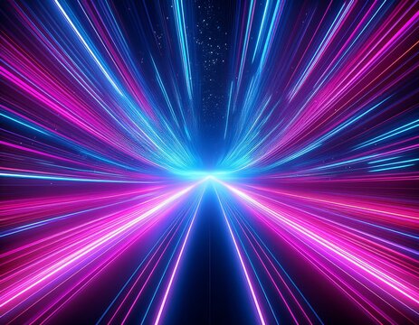 vibrant neon light speed warp tunnel in starry space background n dynamic blue pink laser rays glowing particles for futuristic technology gaming design