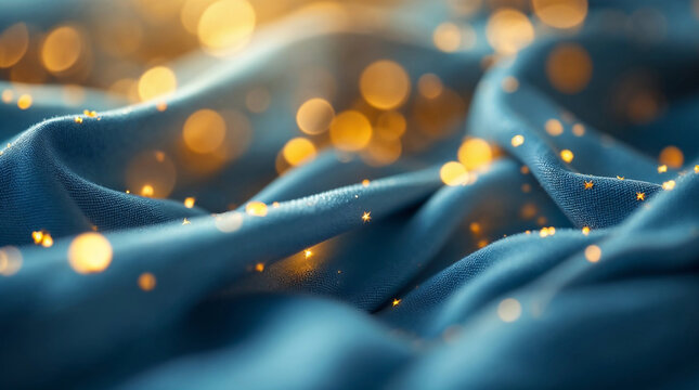 Abstract blue silk fabric background with golden bokeh lights. Festive holiday texture with sparkles and stars. Luxury satin cloth design for Christmas or New Year